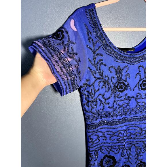 Sacada Blue Black Beaded Short Formal Dress with Sheer Sleeves and Embroidery - Picture 3 of 9